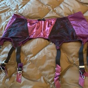 Secrets in Lace garter belt, purple satin/black trim, 6 garters, XL